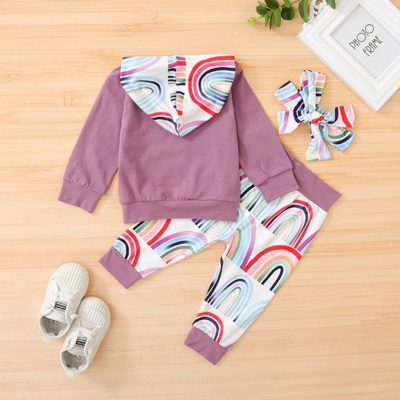 Rainbow Hooded Sweatshirt Baby Girls Outfit Set - Picture 2 of 3
